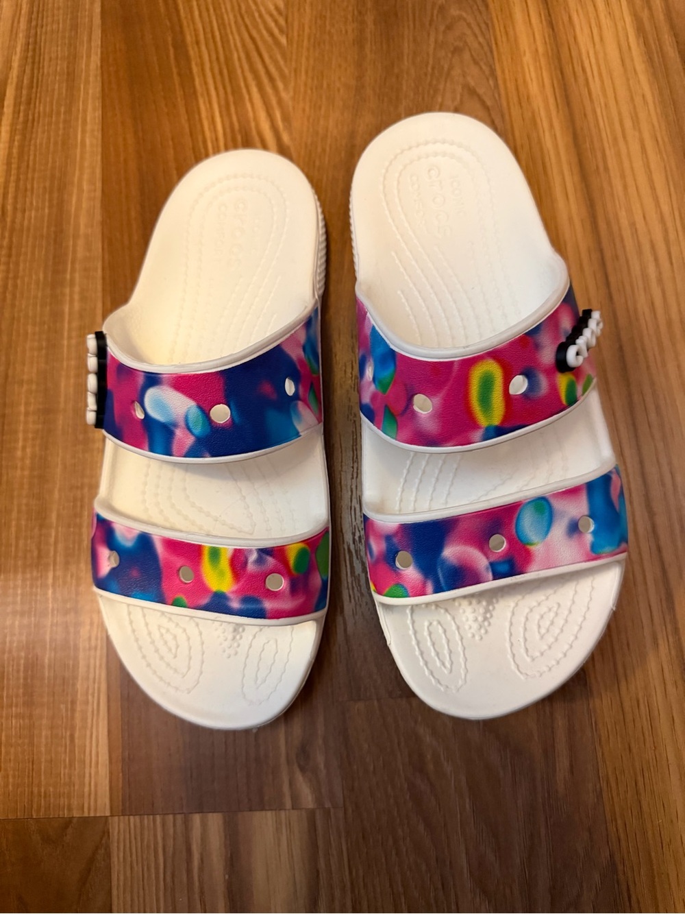 Crocs White Slide Sandals with Multicolor Bubble Straps